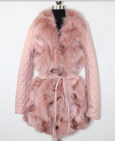 pink sheepskin coat with fox fur trimming,Apparel